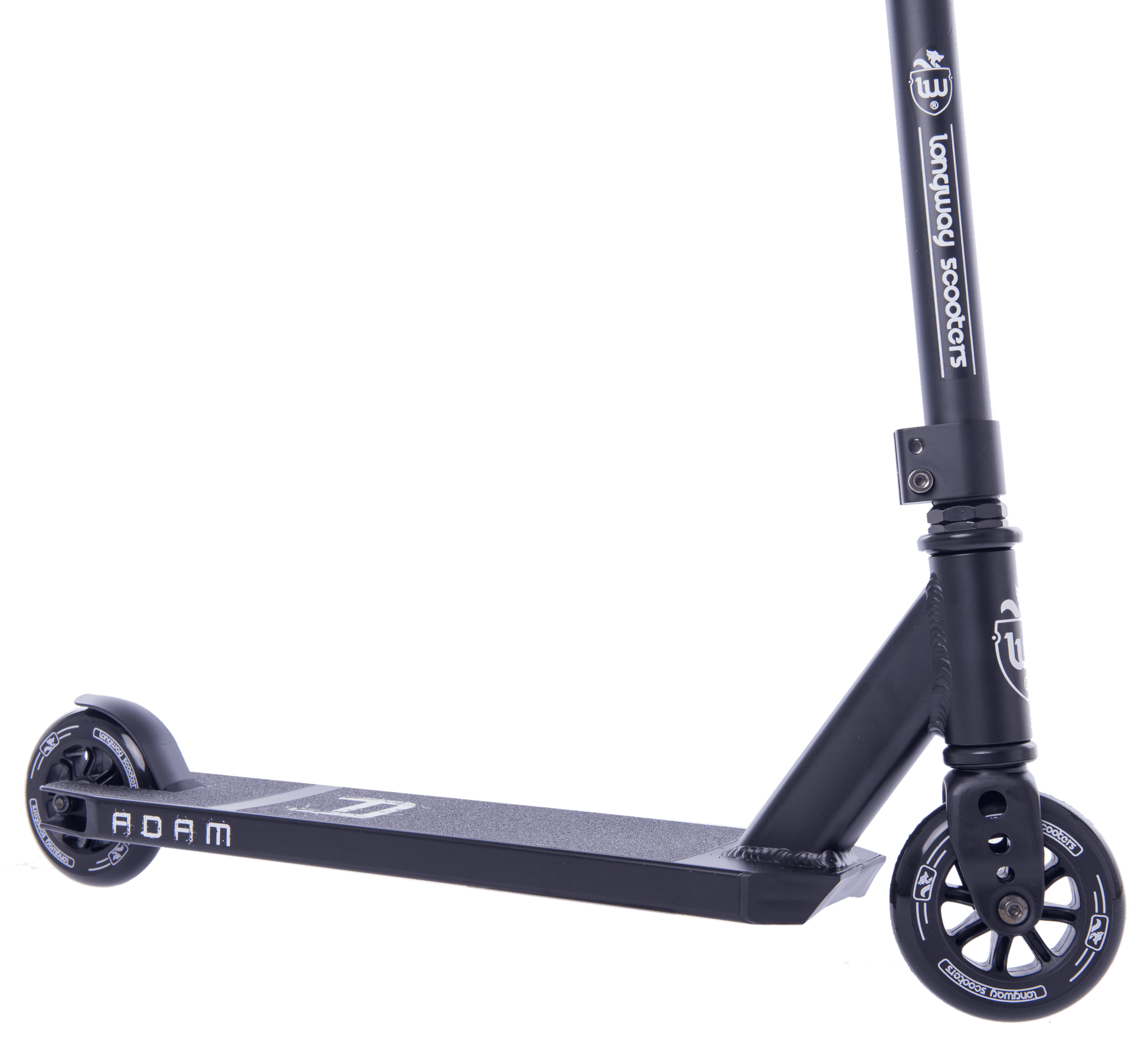 The Longway Adam Complete Stunt Scooter - Black is shown in a close-up, highlighting its lightweight black frame, two small wheels, and durable metal construction. The deck has a textured surface with "ADAM" printed on it, and the handlebar exhibits branding and design features perfect for beginner riders.