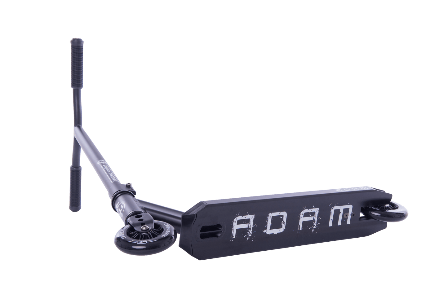 The Longway Adam Complete Stunt Scooter - Black, designed with beginners in mind, is equipped with handlebar grips and a deck prominently displaying the name "Adam." This lightweight scooter features wheels at both ends of the deck and is displayed on a simple white background.