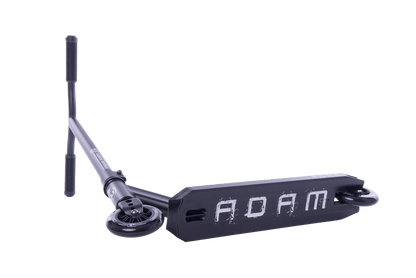 The Longway Adam Complete Stunt Scooter - Black, designed with beginners in mind, is equipped with handlebar grips and a deck prominently displaying the name "Adam." This lightweight scooter features wheels at both ends of the deck and is displayed on a simple white background.