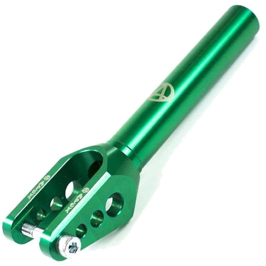 The Apex Infinity SCS/HIC Stunt Scooter Forks by Apex showcase a sleek, modern design crafted from durable aluminum. This green fork features a cylindrical handle and a forked end for easy attachment, along with a distinct logo and multiple cutouts. It also comes with a visible bolt for secure fastening.