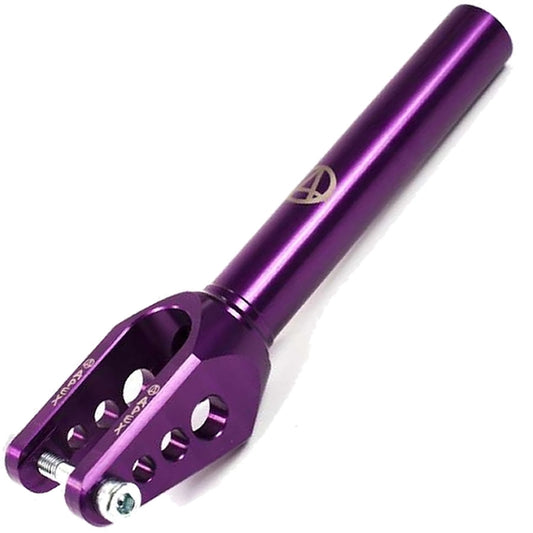 The Apex Infinity SCS/HIC Stunt Scooter Forks in Purple boast a modern, cylindrical design made from robust aluminium. This sturdy fork includes multiple circular cutouts near the base and is equipped with a silver attachment bolt. Featuring a glossy finish and a subtle logo on the side, it delivers both style and performance.