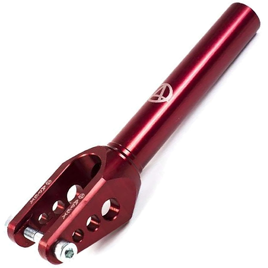 The Apex Infinity SCS/HIC Stunt Scooter Fork - Red by Apex is designed with a streamlined red appearance, featuring a cylindrical tube and dual prongs with mounting holes. Constructed from durable aluminum, it boasts a smooth, polished finish with the logo positioned near the top.