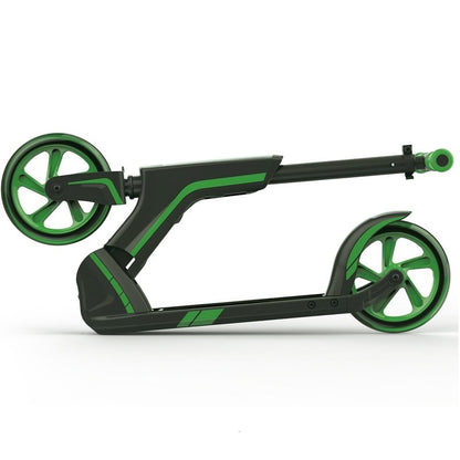 The JD Bug Pro Commute 185 Foldable Scooter in Black and Green boasts a sleek, modern frame that easily folds for convenience. Equipped with a dual bearing system for its large wheels, this scooter guarantees a smooth ride, while its ergonomic design provides comfort throughout your commute.