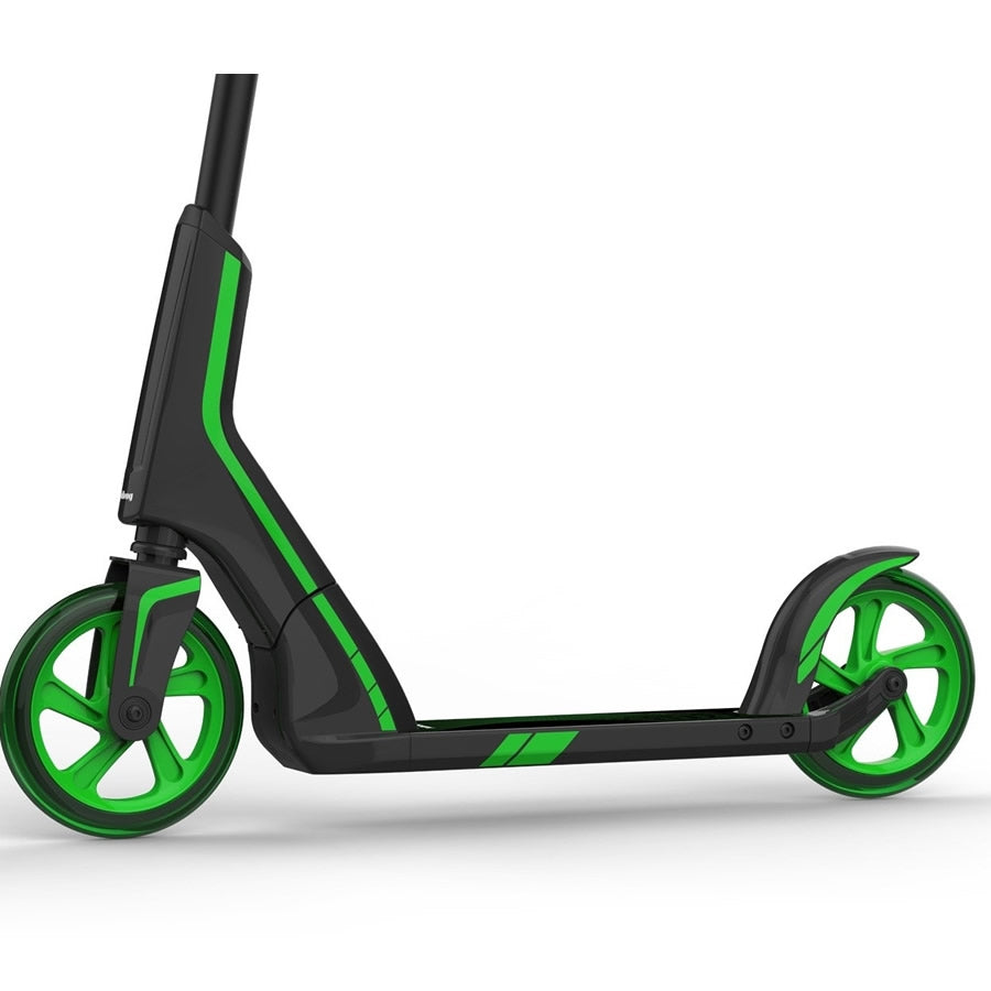 The JD Bug Pro Commute 185 Foldable Scooter by JD Bug showcases a modern and minimalistic black and green aesthetic, highlighted by ergonomic features and striking green wheels. Its sleek design is complemented by a robust frame and streamlined look, offering smooth rides thanks to its dual bearing system.