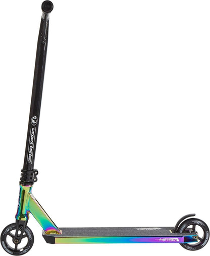 The Longway Metro 2k19 Complete Stunt Scooter in black and neochrome boasts a sleek design with an aluminum deck for grip, ABEC-9 bearings, black handlebars, and small wheels, all specifically designed for performing tricks and stunts.