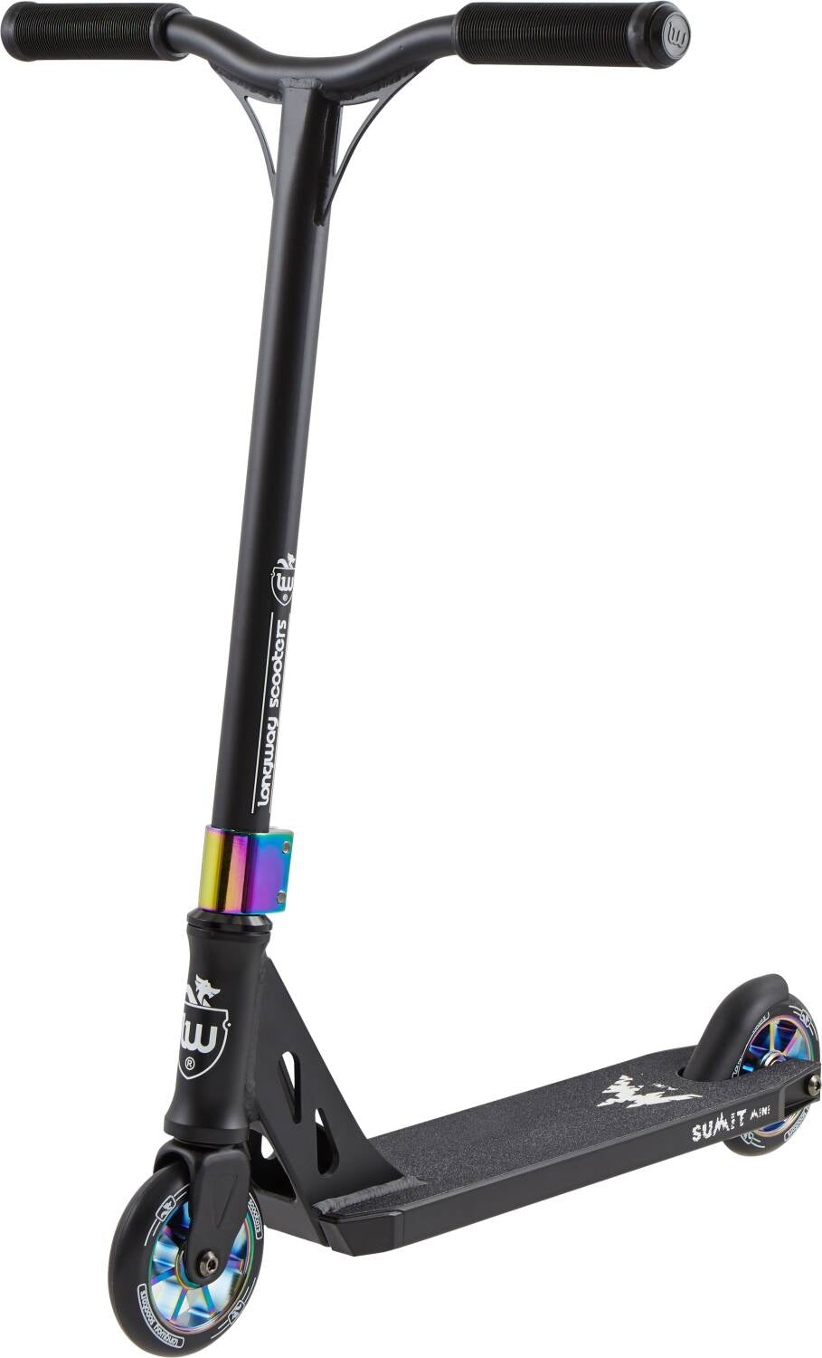 The Longway Summit Mini 2k19 Complete Stunt Scooter in black and neochrome is designed for junior riders, featuring eye-catching blue wheels and a rainbow-colored connector. Its deck showcases a bold white logo, and the textured handlebars offer excellent grip and control, making it ideal for budding trick enthusiasts.