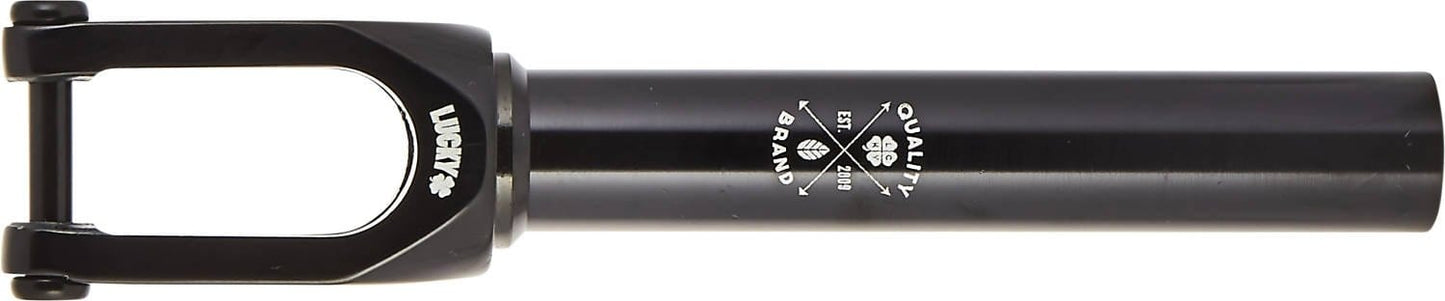 The Lucky Huracan V2 SCS/HIC Stunt Scooter Fork in black is designed for pro scooters, showcasing the word "Lucky" and a clover logo on the left. This fork features a stylish "Quality" label and "Est 2009" on the shaft, and is compatible with 120mm wheels for those eager to enhance their ride.