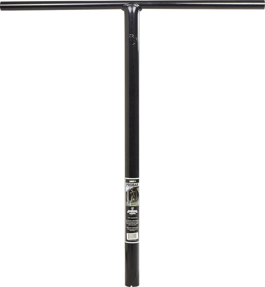 The Lucky ProBar Steel Oversized SCS Stunt Scooter T-Bars in black feature a cylindrical center with a horizontal top piece. A label near the joint provides product information, making it ideal for SCS setups. These bars measure 660mm x 660mm.