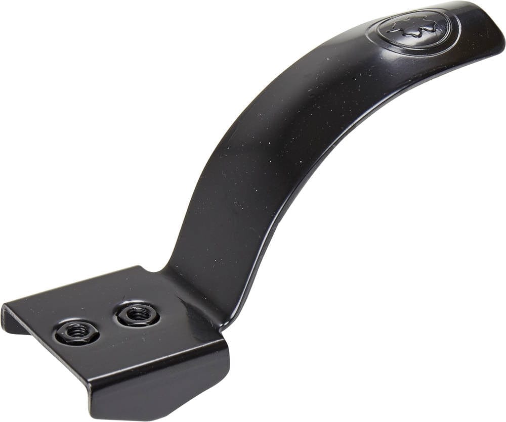 A black Lucky Steely bottle opener made from robust metal, designed with a curved handle and equipped with two mounting holes for screws.