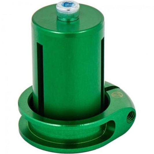 A green Apex Mono Lite 1 Bolt Oversized Stunt Scooter Clamp & HIC Kit features a cylindrical mechanical design with a threaded base and a small blue-tinted piece on top. Reminiscent of its signature brand style, this Apex clamp boasts a grooved pattern and a circular socket at the base that ensures secure attachment while allowing for smooth maneuverability.