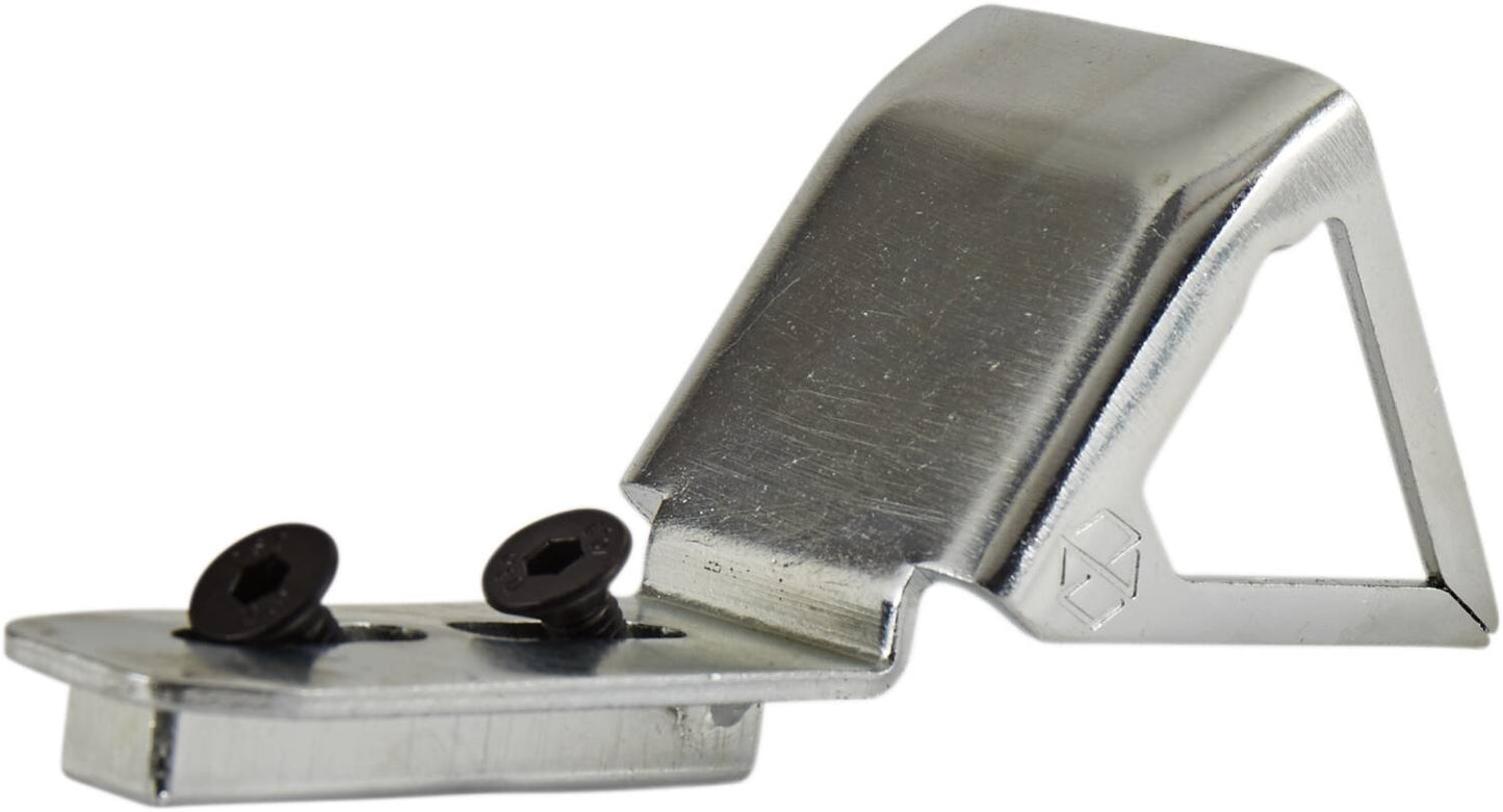 A metal door latch protector featuring two black screws on a silver bracket. The sleek design, akin to the Native Omni Stunt Scooter Fender - Raw, provides a secure barrier while emphasizing functionality and compatibility through its straightforward and effective shape.