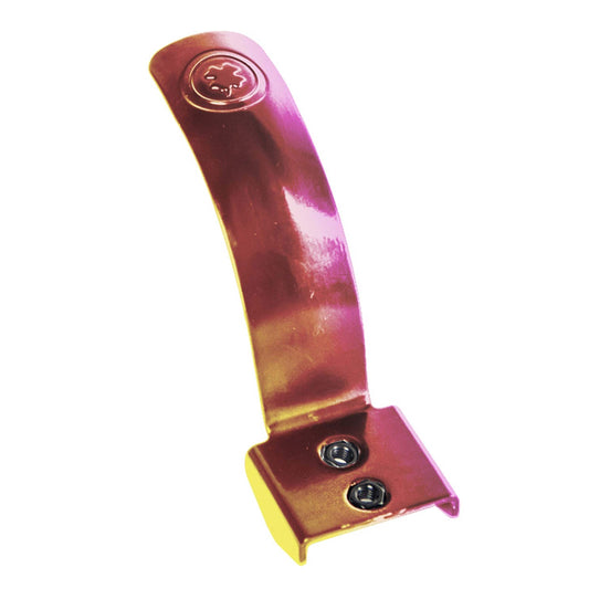 A neochrome-colored, curved bracket made from spring steel, featuring a circular design at the top and two screws at the base for mounting. The glossy finish of the Lucky Steely 120mm Stunt Scooter Brake stands out against the white background.