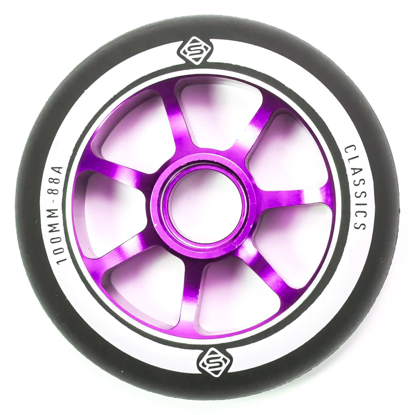 A close-up of the Skates.co.uk Classic 110mm Stunt Scooter Wheel in purple metal core with a white rim, displaying black text that reads "100MM 88A" and "CLASSICS." The wheel features a black outer edge and provides excellent value for money in terms of performance and design.