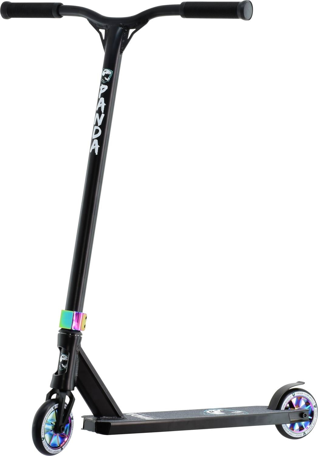 The Panda Primus Complete Stunt Scooter - Black / Rainbow Neochrome, by Panda, is ideal for beginners. This lightweight black scooter features a "Panda" logo on the handlebar stem and two small wheels with eye-catching rainbow-colored hubs. Its appeal is further enhanced by black handlebars and deck, along with a rainbow-finished fork near the front wheel.