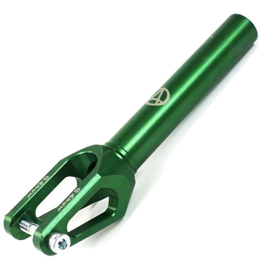 The Apex Quantum SCS/HIC Stunt Scooter Forks by Apex provide a robust upgrade for your scooter, boasting a green anodized metal construction with a cylindrical stem and two prongs. This fork features the brand's logo near the top and comes with a bolt at the base for simple installation.