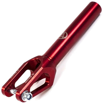 The Apex Quantum SCS/HIC Stunt Scooter Forks - Red from brand Apex provide a sleek aluminum design. They include a robust tubular stem and a two-prong base with a bottom bolt, making them an ideal durable upgrade for any scooter enthusiast.