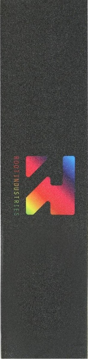 A black bookmark adorned with a colorful, gradient "A" logo at its center mirrors the vibrant design of the Root Industries Pro Stunt Scooter Griptape - Rainbow. The words "GRV INDUSTRIES," in small, colorful text running vertically along the left side, add a hint of superior grip reminiscent of products from Root Industries.