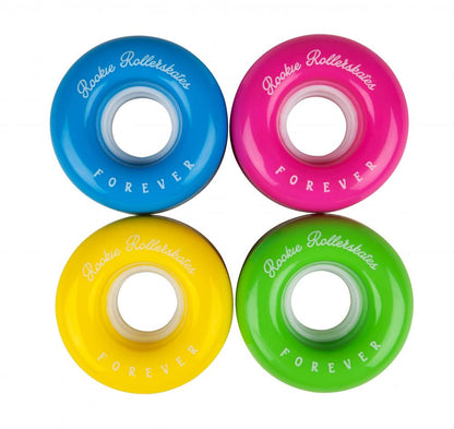 The Rookie Disco 80A Quad Roller Skate Wheels - Multi 58mm x 32mm, available in vibrant blue, pink, yellow, and green colors, are arranged in a square configuration perfect for both indoor and outdoor skating. Each wheel proudly displays "Rookie Rollerskates Forever," showcasing the unique flair of the Rookie brand.