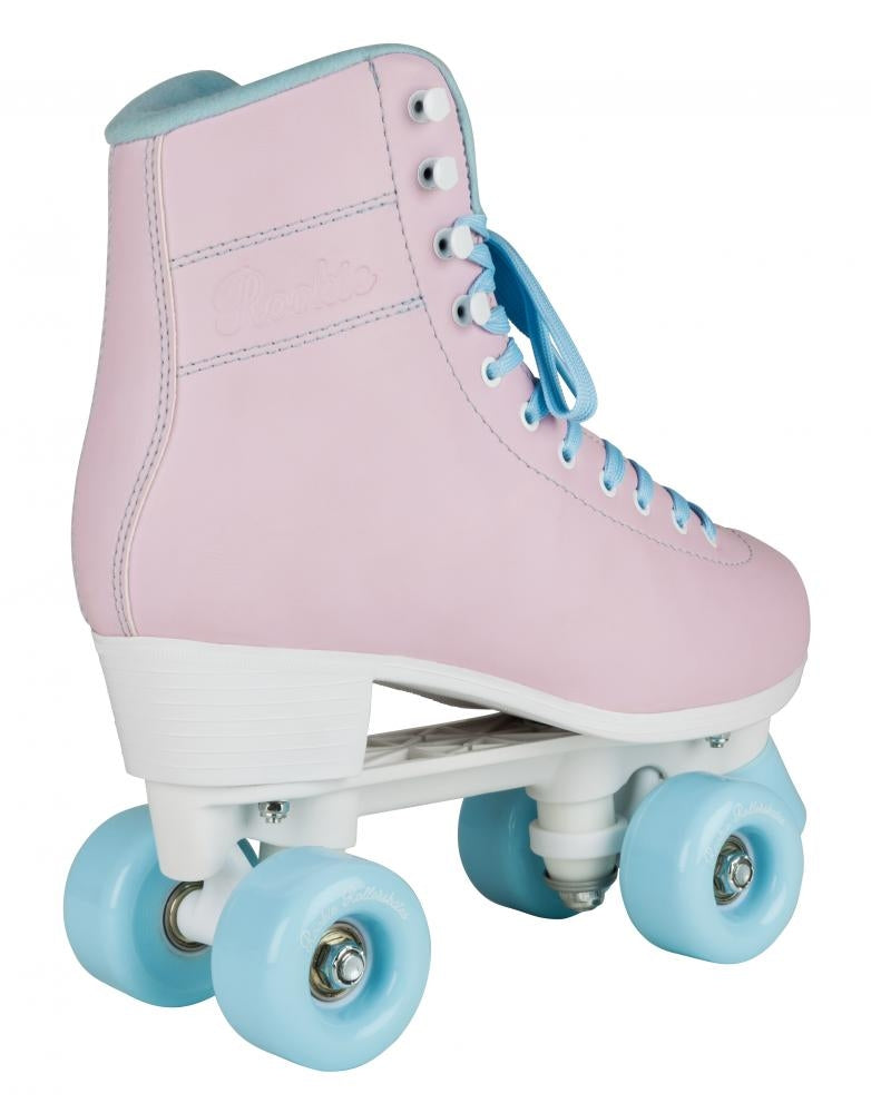 The Rookie Bubblegum Quad Roller Skates - Pink, by the brand Rookie, boast a vegan-friendly high-top design in pastel pink, paired with light blue laces and wheels, beautifully set against a clean white backdrop.