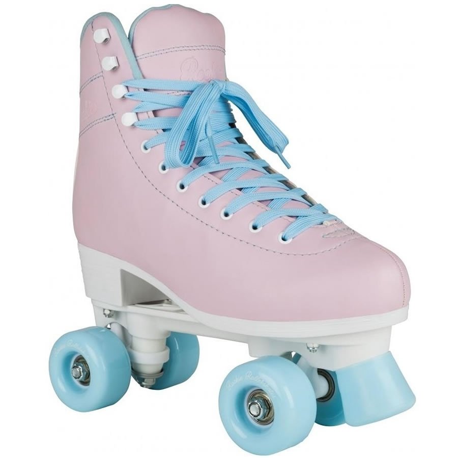 The Rookie Bubblegum Quad Roller Skates - Pink, from the brand Rookie, feature a pastel pink color complemented by light blue wheels and laces. They come with a white sole and maintain a classic high-top boot design, all while being vegan-friendly.