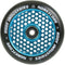 The Root Industries Honeycore 110mm Stunt Scooter Wheel in Black and Blue showcases a captivating honeycomb pattern with "Root Industries" and "Honeycore" elegantly displayed in white letters on the black outer edge. Root bearings at its center guarantee superior performance.