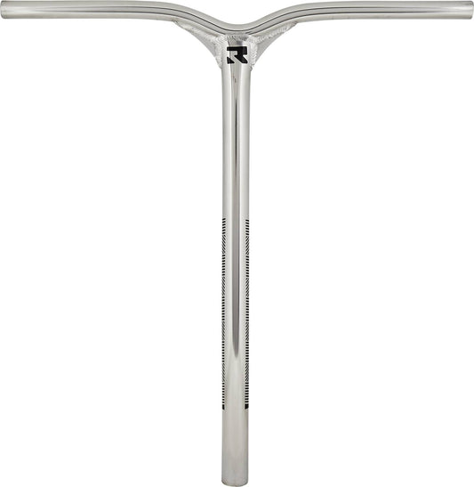 The Root Industries Invictus Aluminium IHC Stunt Scooter Bars, measuring 610mm x 580mm, showcase a mirror chrome finish with a sleek T-shaped handlebar. Crafted from HI-Modulus Alloy, the minimalist design includes a logo near the center junction and features smooth metallic surfaces that are lightweight and balanced for superior performance.