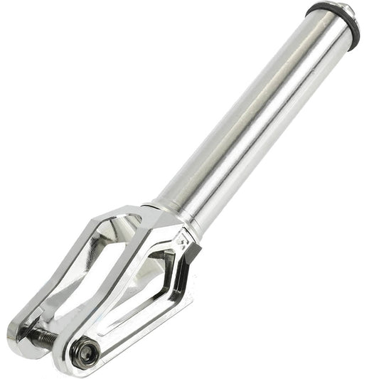 A close-up of the Root Industries AIR SCS/HIC Stunt Scooter Forks in Polished Chrome showcases its cylindrical stem extending from a machined base with two prongs, specifically designed to connect to the scooter's front wheel. This lightweight component exudes a sleek and modern look.