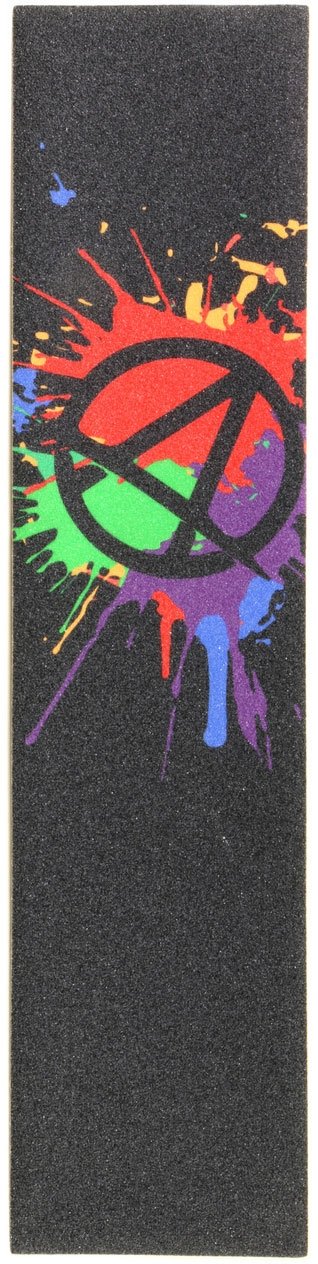 The Apex Logo Scooter Griptape - Splatter features a colorful splatter design with vibrant shades of red, green, blue, and purple on a black background. It includes a bold black circle with an "A" in the center, enhancing grip for optimal performance.