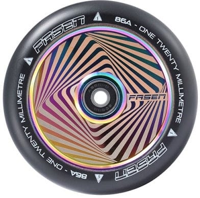 Close-up of the Fasen Hypno Square 120mm Stunt Scooter Wheel in Neochrome, showcasing a colorful geometric pattern on the inner part with a Hypno design. The outer black rim is inscribed with "FASET" and "ONE TWENTY MILLIMETRE 86A," while a reflective hollow core is visible at the center.