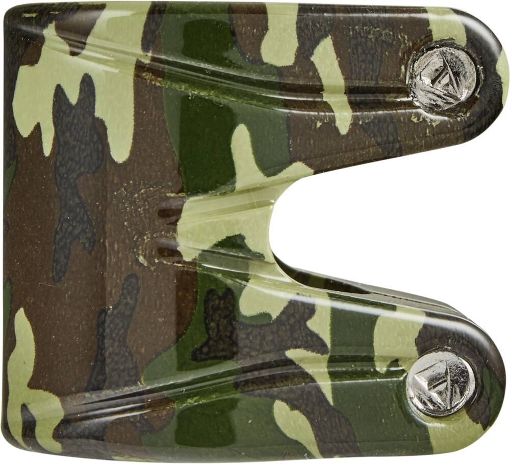 The Striker Essence V2 2 Bolt Oversized Stunt Scooter Clamp in camo pattern, complete with two screws for mounting, is ideal for securely holding your skateboard or storing your IHC scooter vertically on a wall.