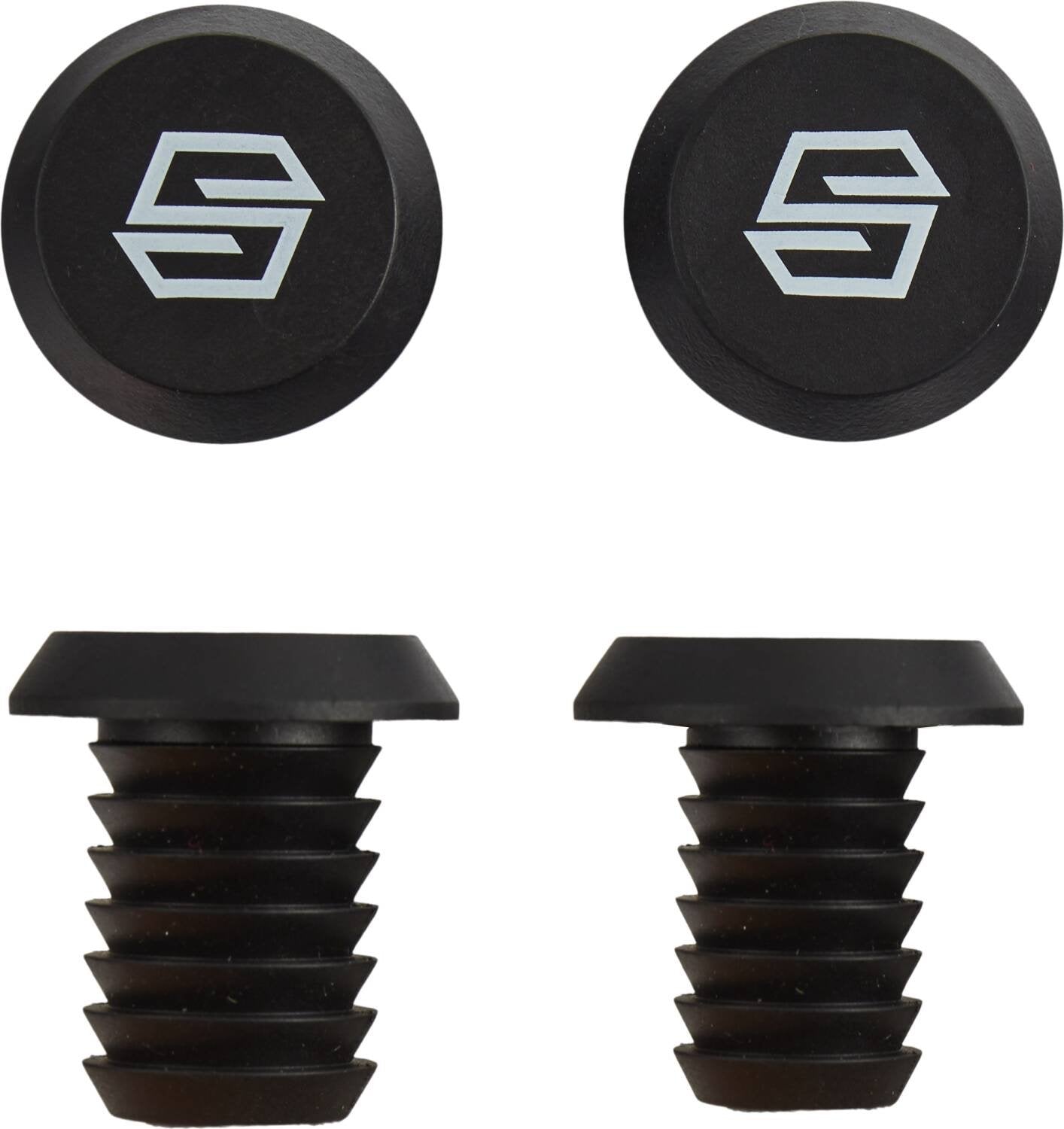 Displayed are two black screw caps showcasing the Striker Logo on top. Beneath them are two matching black threaded screw inserts with a ribbed pattern to improve grip from the Striker Logo Black Stunt Scooter Grips - 163mm by Striker.