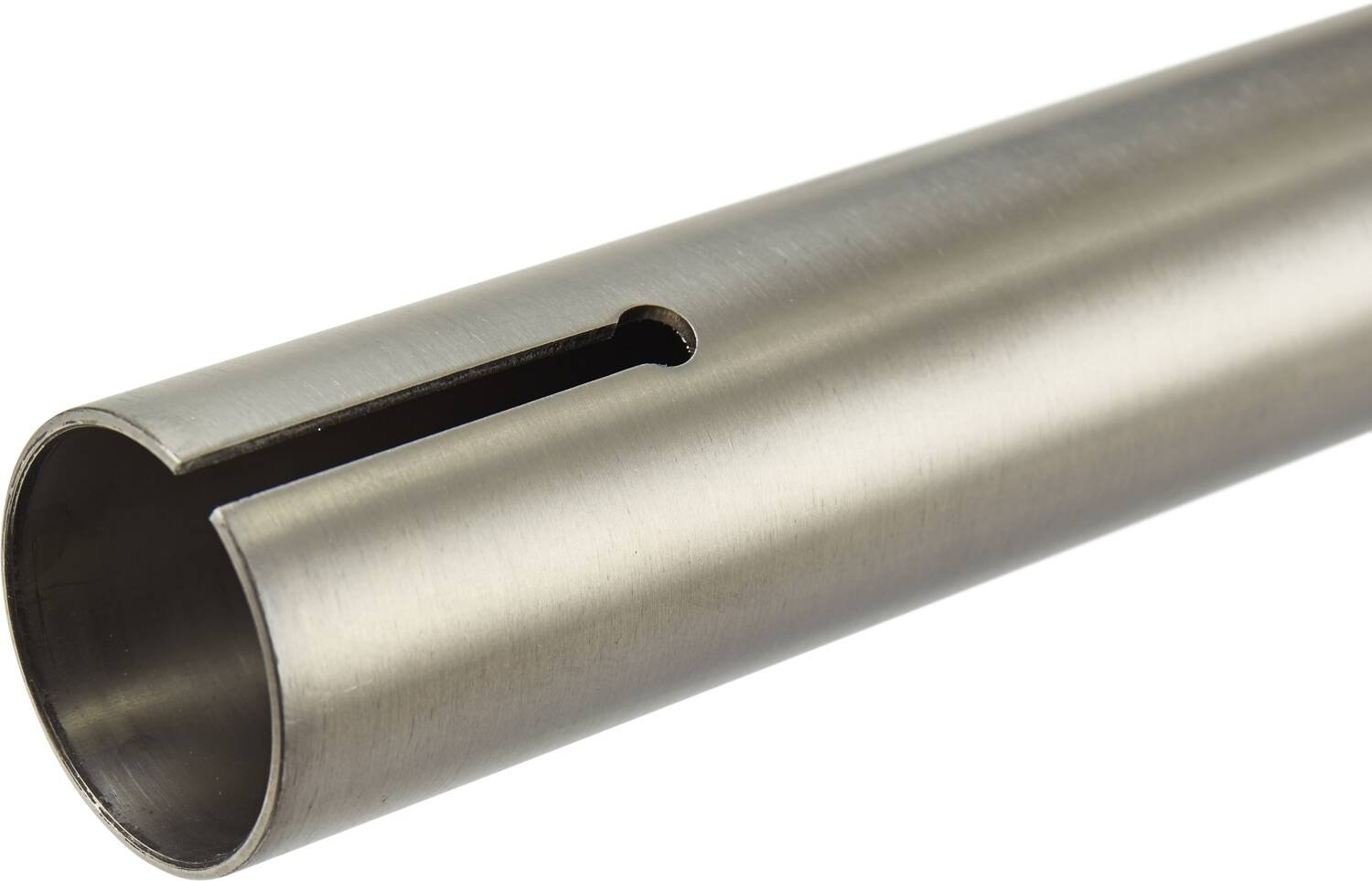 A close-up of a metallic cylindrical rod resembling the Striker Titanium Bend Oversized HIC Stunt Scooter Bars - Raw 710mm x 600mm, featuring a narrow, elongated slot near one end. The brushed metal surface enhances its sleek finish. Positioned diagonally against a plain white background, it evokes the precision often associated with Striker handlebars.