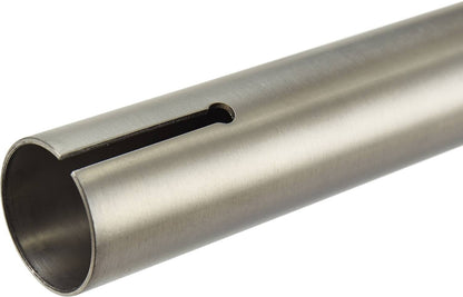 A close-up of a metallic cylindrical rod resembling the Striker Titanium Bend Oversized HIC Stunt Scooter Bars - Raw 710mm x 600mm, featuring a narrow, elongated slot near one end. The brushed metal surface enhances its sleek finish. Positioned diagonally against a plain white background, it evokes the precision often associated with Striker handlebars.