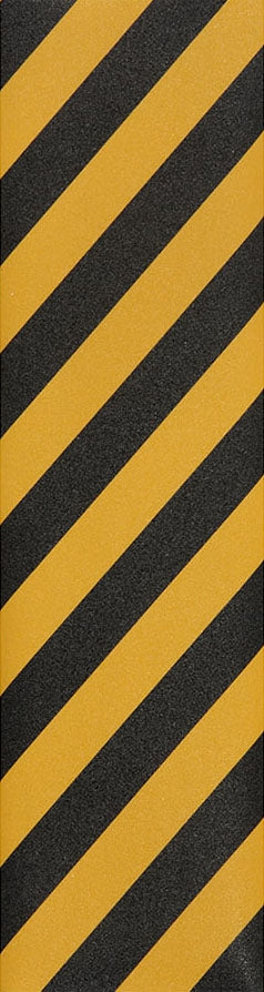 The Jessup Original 9" Skateboard Griptape - Stripes features diagonal yellow and black stripes that create a cautionary pattern on a textured surface, reminiscent of the dependable grip-art seen in Jessup griptape for rock-solid bonding.