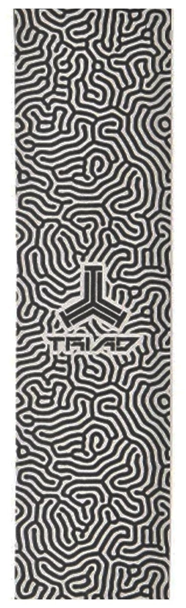 A complex black and white design that looks like a maze, featuring intricate, swirling lines across the entire surface. In the center, a subtle trophy-like image appears, reminiscent of the Triad Clear Cast Stunt Scooter Griptape - Brain enhancing the rider's experience.