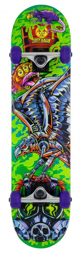 The Tony Hawk 360 Series Toxic Complete Skateboard - 7.5" x 31" features a striking design with a robotic bird flying against a green, graffiti-inspired backdrop. Emulating the bold style of Tony Hawk, the purple wheels add to its dynamic and edgy look, making it ideal for entry-level skaters seeking to make an impression.