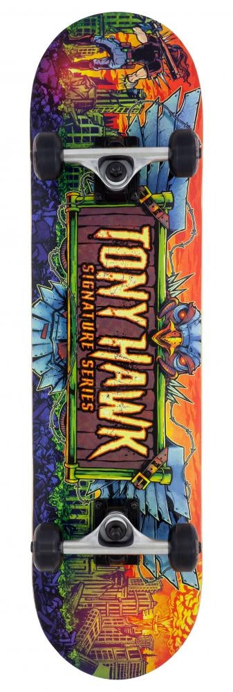 The Tony Hawk 360 Series Apocalypse Complete Skateboard, measuring 8" x 31.5", showcases a vibrant urban-themed design with graffiti art and an iconic bird, with "TONY HAWK 360 SERIES" prominently displayed in bold, stylized letters at its center.