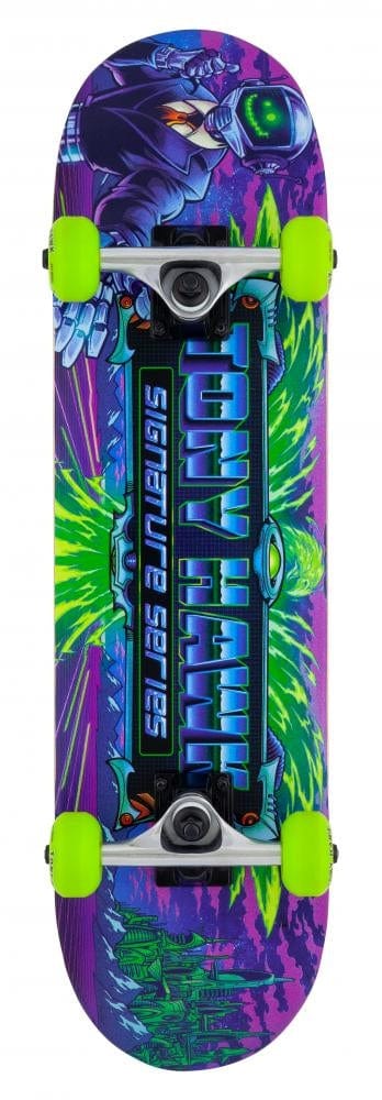 Discover the Tony Hawk 360 Series Cyber Mini Complete Skateboard, featuring a sci-fi-themed design with bold green and purple colors. This vibrant deck, measuring 7.38" x 28.5", comes equipped with neon green wheels and "Signature Series" prominently displayed at its center. It's an ideal choice for entry-level skateboard enthusiasts wanting to make a statement.