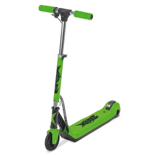 The Xootz Elements Electric Scooter in vibrant green showcases a robust frame with black wheels and matching handlebars. This electric scooter, branded stylishly by Xootz, features a sturdy kickstand and a 70W motor for smooth rides, making it perfect for children or young teens seeking adventure.