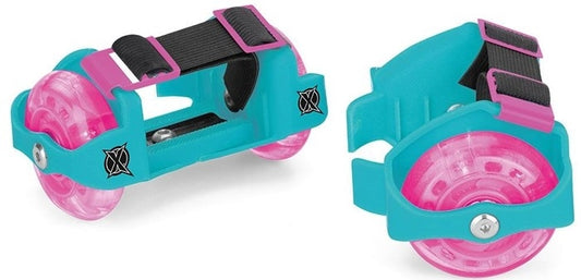 Introducing the Xootz LED Heel Roller Wheels, featuring brilliant pink LED wheels and sleek turquoise frames. Secure them to your shoes with the black straps, and enjoy a perfect fit thanks to the adjustable roller wheels. The stylish design is completed with an "X" logo on the sides, adding flair as you glide.