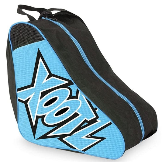 The Xootz Skate Carry Bag in blue offers a spacious zipper along the top and showcases a striking design. The word "Xootz" is prominently printed in white with black outlines against a starry backdrop, making it ideal for transporting your inline or quad roller skates.