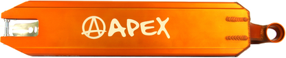 The Apex Pro Orange Stunt Scooter Deck by Apex showcases the brand name "APEX" in white, accompanied by a distinctive "A" within a circle on the left side. This robust scooter deck features a rectangular design with rounded edges and includes a mount hole at one end. The dimensions of the deck are 4.5" x 19.3".