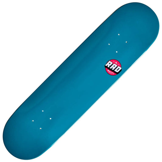 The RAD Blank Logo Teal Skateboard Deck - 8" x 32" by RAD features an eye-catching teal design with a red and white circular sticker marked "RAD." Made from 7-Ply Hard Rock Maple, it offers a smooth surface and comes with pre-drilled holes for your custom setup of wheels and trucks.