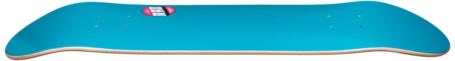 A teal RAD Blank Logo Skateboard Deck by RAD, featuring "RAD" in bold red and white. Viewed from a side angle, this 8" x 32" deck, crafted from 7-Ply Hard Rock Maple, highlights its sleek flat and curved design, ideal for your custom setup.