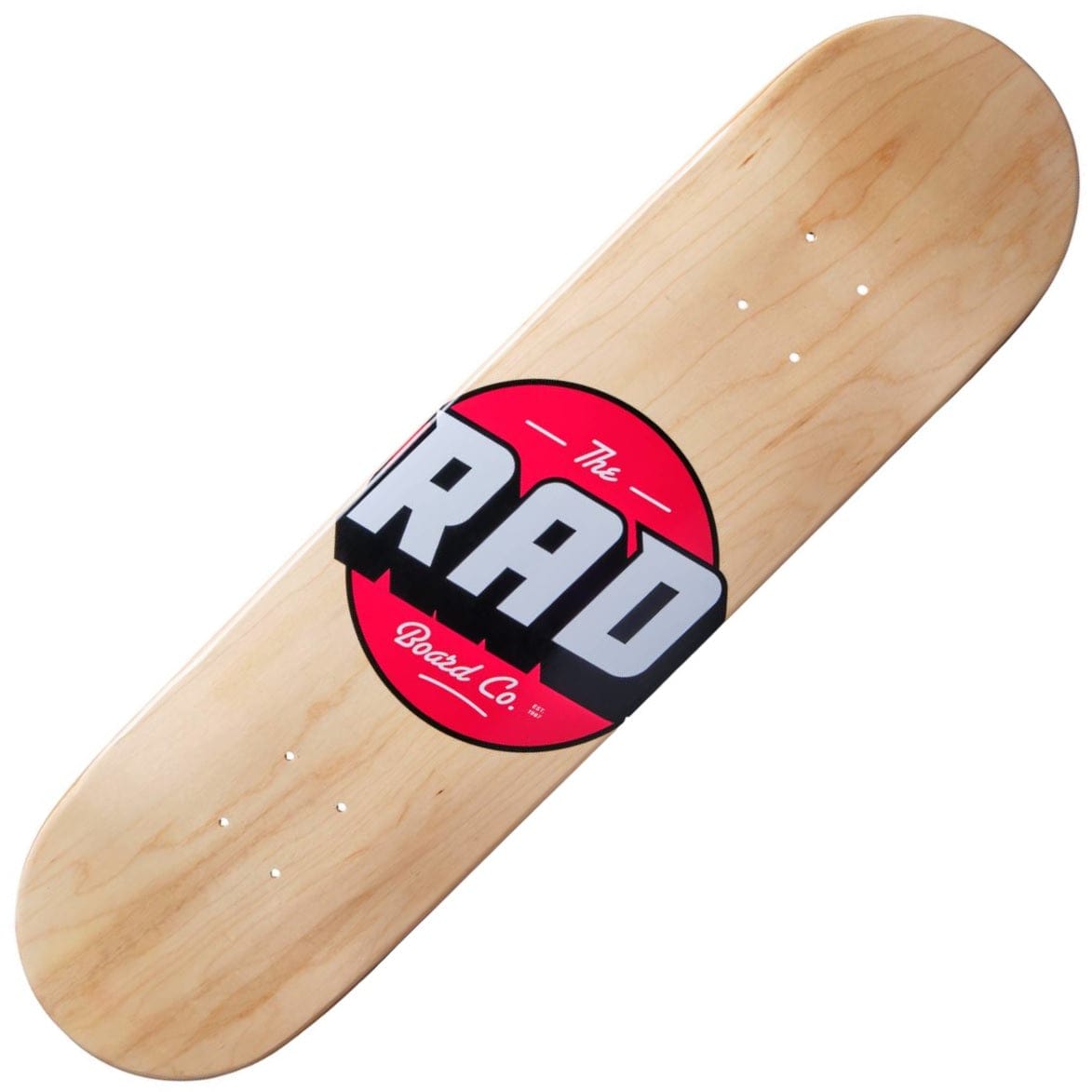 The RAD Solid Logo Wood Skateboard Deck - 8.25" x 32" is made from 7-Ply Hard Rock Maple and showcases a striking red and black "The RAD Board Co." logo prominently in the center. Ideal for beginners, this natural wooden deck does not include grip tape or hardware.