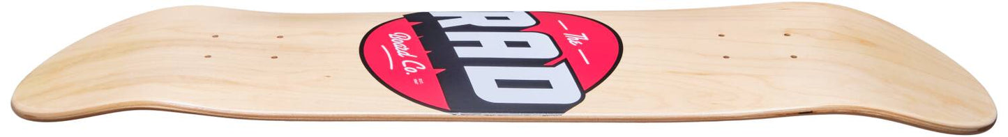 The RAD Solid Logo Wood Skateboard Deck, measuring 8.25" x 32", is an excellent choice for beginners. It features a striking red and black graphic at the center on a natural finish and is crafted from durable 7-Ply Hard Rock Maple. The deck proudly displays "RAD Board Co." in bold letters.