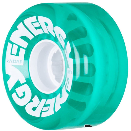 A close-up of a clear green roller skate wheel from Radar, made from urethane and featuring the brand's "ENERGY" marking in white letters, highlights its smooth, glossy finish. This 78A durometer quad wheel is semi-transparent, revealing part of its internal structure, making it perfect for outdoor skating adventures.