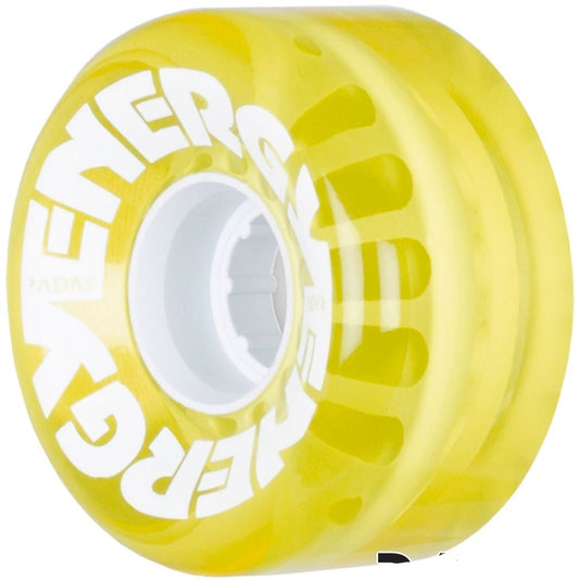 The Radar Energy 78A Quad Roller Skate Wheels in clear yellow, measuring 62mm x 32mm, are perfect for outdoor adventures with their durable design and optimal performance from the 78A durometer.