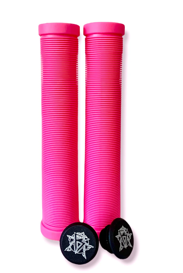 The Revolution Pink Stunt Scooter Grips by Revolution, measuring 172mm, are showcased upright on a plain white background. Crafted from high-grade TPR in bright pink with ribbed texture, they feature contrasting black logo bar ends adorned with a white geometric star design, highlighting their vibrant colors and textures—perfect for stunt scooter enthusiasts.