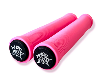 A pair of Revolution Pink Stunt Scooter Grips, measuring 172mm each, crafted from high-grade TPR with a textured surface. They feature black logo bar ends embellished with a white geometric star pattern and are displayed parallel to each other on a sleek, white background.